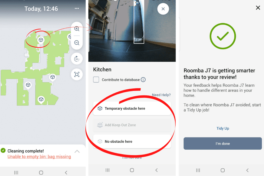 In der iRobot Roomba Home App werden die Fotos von erkannten Hindernisse angezeigt